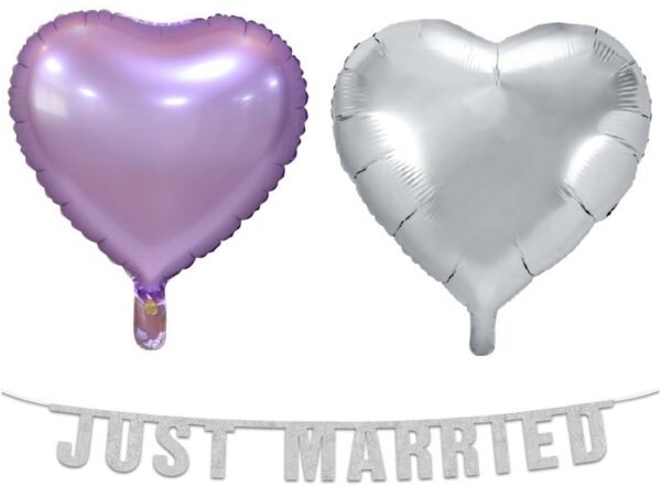 Just Married Girlande & 2 Folienballons lavendel/silber